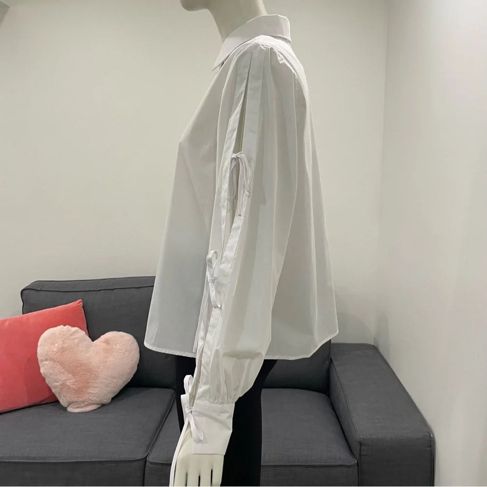 NWT KAFFE KAsara White Shirt with Tie-Up Sleeves & Pretty Pearl Button Size M - Picture 7 of 15